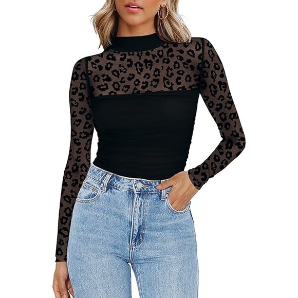 zeagoo Tops - Zeagoo Animal Print Sheer Long Sleeve Mock Neck Top